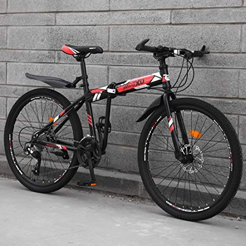 Folding Mountain Bike : WYZQ Folding Mountain Bike, 24-Inch Off-Road Adult Racing Bicycle, High Carbon Steel Frame, Double Disc Brake, Adjustable Seat, Hard Tail Frame, Red, 24 speed