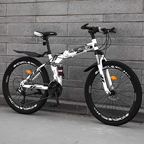 Folding Mountain Bike : WYZQ Folding Mountain Bike, 24-Inch Off-Road Variable Speed Racing, Adult Off-Road Bicycle, High Carbon Steel Frame, Double Disc Brake, Hard Tail Frame, White, 21 speed