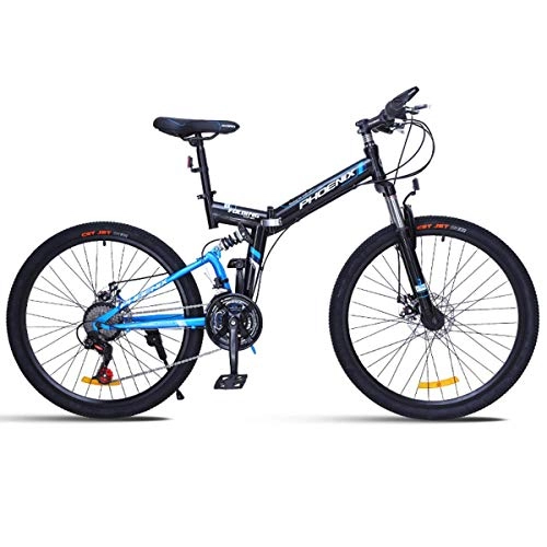 Folding Mountain Bike : WZB Folding Mountain Bike for a Path, Trail & Mountains, Black, Aluminum Full Suspension Frame, Twist Shifters Through 24 Speeds, Blue, 26