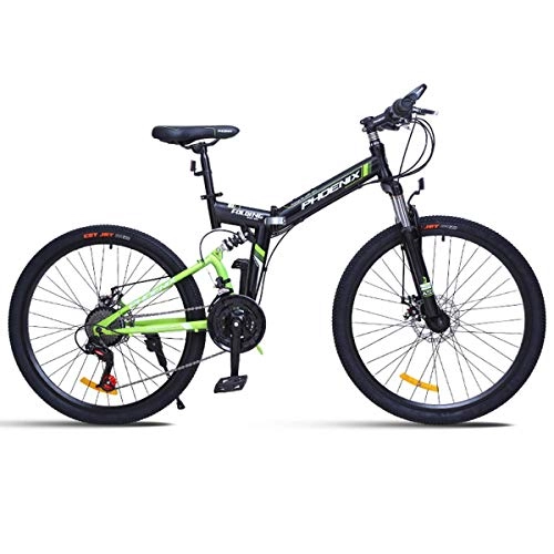 Folding Mountain Bike : WZB Folding Mountain Bike for a Path, Trail & Mountains, Black, Aluminum Full Suspension Frame, Twist Shifters Through 24 Speeds, Green, 24
