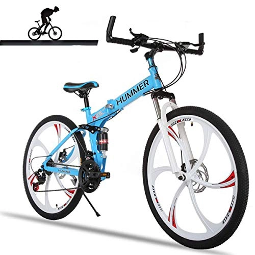 Folding Mountain Bike : WZB Full Suspension Mountain Bike Aluminum Frame 21-Speed 26-inch Bicycle, Blue