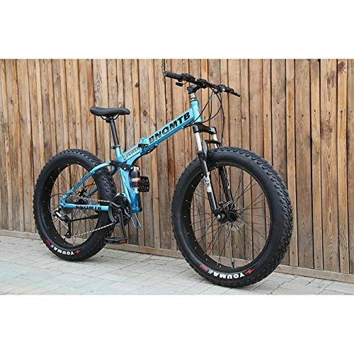 Folding Mountain Bike : WZJDY 24in Fat Tires Snowmobile, Folding Mountain Bike Bicycle with Fork Rear Suspension and Double Disc Brake, Blue, 21 Speed