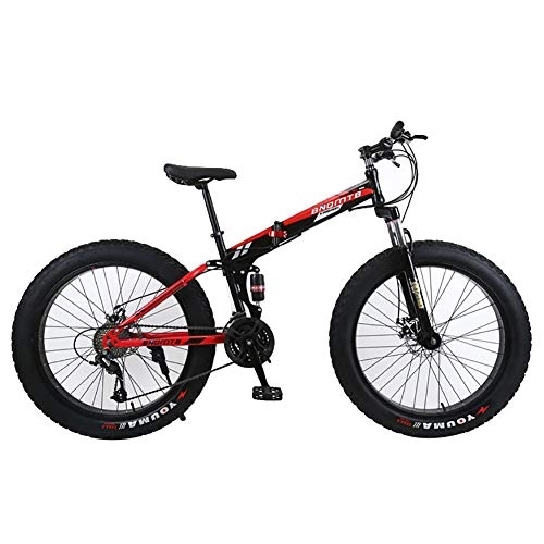 Folding Mountain Bike : WZJDY Folding Mountain Bike, 24in Fat Tires Snowmobile Bicycle with Double Disc Brake and Fork Rear Suspension, Black Red, 21 Speed
