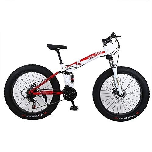 Folding Mountain Bike : WZJDY Folding Mountain Bike, 24in Fat Tires Snowmobile Bicycle with Double Disc Brake and Fork Rear Suspension, White Red, 7 Speed