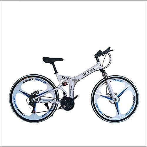 Folding Mountain Bike : XER Mountain Bike 21 / 24 / 27 / 30 Speed Steel Frame 26 Inches 3-Spoke Wheels Dual Suspension Folding Bike, White, 21 speed