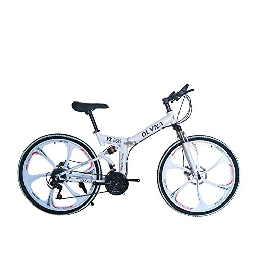 Folding Mountain Bike : XER Mountain Bike 21 / 24 / 27 / 30 Speed Steel Frame 26 Inches 6-Spoke Wheels Dual Suspension Folding Bike, White, 30speed
