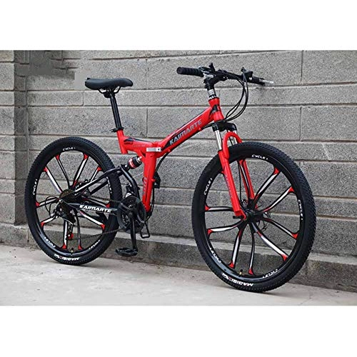 Folding Mountain Bike : XER Mountain Bike, 24 Speed Dual Suspension Folding Bike, with 24 Inch 10-Spoke Wheels and Double Disc Brake, for Men and Woman, Red, 27speed