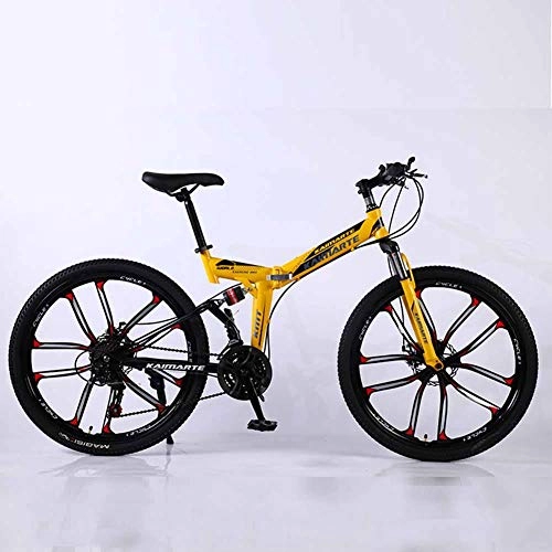 Folding Mountain Bike : XER Mountain Bike, 24 Speed Dual Suspension Folding Bike, with 24 Inch 10-Spoke Wheels and Double Disc Brake, for Men and Woman, Yellow, 27speed