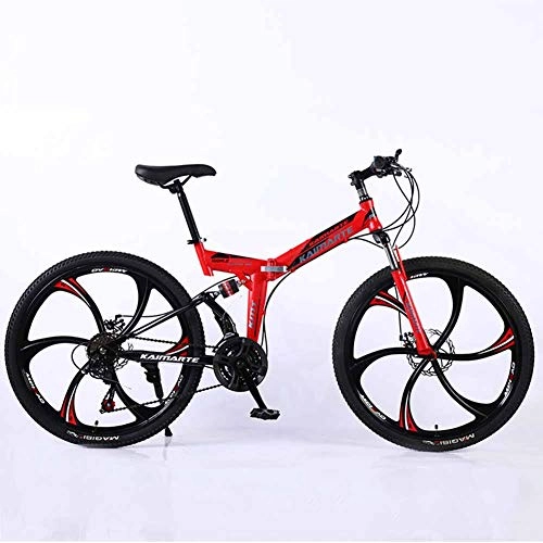 Folding Mountain Bike : XER Mountain Bike, 24 Speed Dual Suspension Folding Bike, with 24 Inch 6-Spoke Wheels and Double Disc Brake, for Men and Woman, Red, 21speed