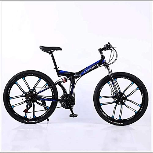 Folding Mountain Bike : XER Mountain Bike 24 Speed Steel High-Carbon Steel 24 Inches 10-Spoke Wheels Dual Suspension Folding Bike for Commuter City, Blue, 24 speed