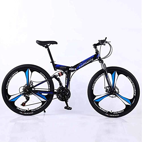 Folding Mountain Bike : XER Mountain Bike 27 Speed Steel High-Carbon Steel 24 Inches 3-Spoke Wheels Dual Suspension Folding Bike for Commuter City, Blue, 21speed