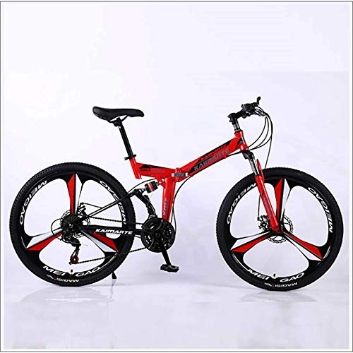 Folding Mountain Bike : XER Mountain Bike 27 Speed Steel High-Carbon Steel 24 Inches 3-Spoke Wheels Dual Suspension Folding Bike for Commuter City, Red, 21 speed