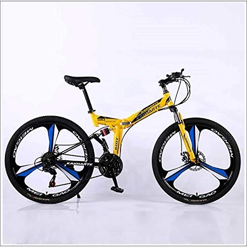 Folding Mountain Bike : XER Mountain Bike 27 Speed Steel High-Carbon Steel 24 Inches 3-Spoke Wheels Dual Suspension Folding Bike for Commuter City, Yellow, 24 speed