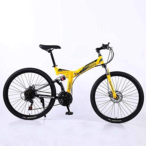 Folding Mountain Bike : XER Mountain Bike Folding Frame MTB Bike Dual Suspension Mens Bike 24 Speeds 26 Inch High-Carbon Steel Bicycle Disc Brakes, Yellow, 27speed