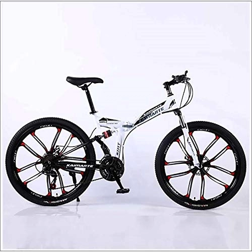 Folding Mountain Bike : XER Mountain Bike Folding Frame MTB Bike Dual Suspension Mens Bike 27 Speeds 26 Inch 10-High-Carbon Steel Bicycle Disc Brakes, White, 21 speed