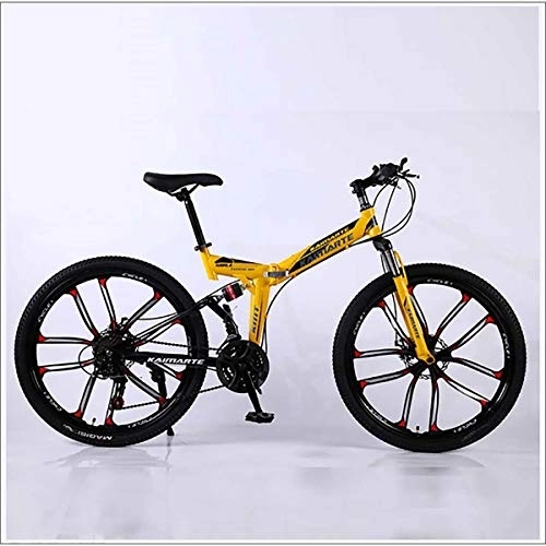 Folding Mountain Bike : XER Mountain Bike Folding Frame MTB Bike Dual Suspension Mens Bike 27 Speeds 26 Inch 10-High-Carbon Steel Bicycle Disc Brakes, Yellow, 21 speed