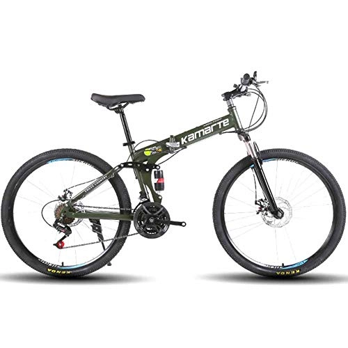 Folding Mountain Bike : XER Unisex Mountain Bike, 24 Speed Dual Suspension Folding Bike, with 26 Inch Spoke Wheel and Double Disc Brake, Green, 27speed