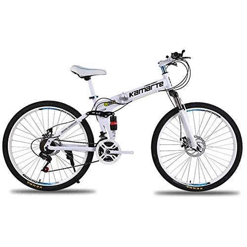 Folding Mountain Bike : XER Unisex Mountain Bike, 24 Speed Dual Suspension Folding Bike, with 26 Inch Spoke Wheel and Double Disc Brake, White, 27speed