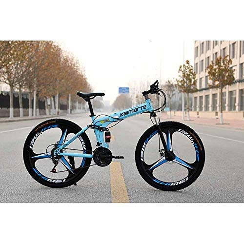 Folding Mountain Bike : XER Unisex Mountain Bike, 27 Speed Dual Suspension Folding Bike, with 24 Inch 3-Spoke Wheels and Double Disc Brake, for Men and Woman, Blue, 21speed