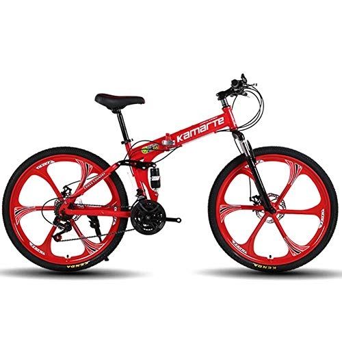 Folding Mountain Bike : XER Unisex Mountain Bike, 27 Speed Dual Suspension Folding Bike, with 24 Inch 6-Spoke Wheels and Double Disc Brake, for Men and Woman, Red, 24speed