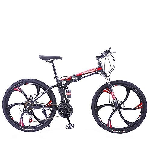 Folding Mountain Bike : XHCP Folding Mountain Bike, 26Inch 24 / 27 Speed Double Disc Brakes Bicycle, Full Suspension 6 Knife Wheel Mountain Bike for Adult Teens