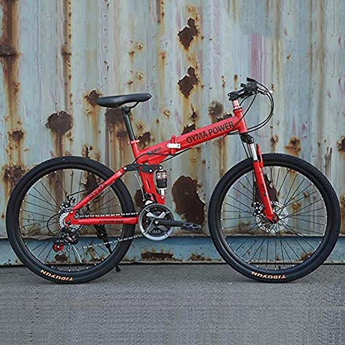 Folding Mountain Bike : XHJZ 26" / 26inch Folding Mountain Bike, 21 / 24 / 27 speed, Unisex, Steel Frame Spoke wheel Integrated Wheel, Premium Full Suspension, Red, 24 speed