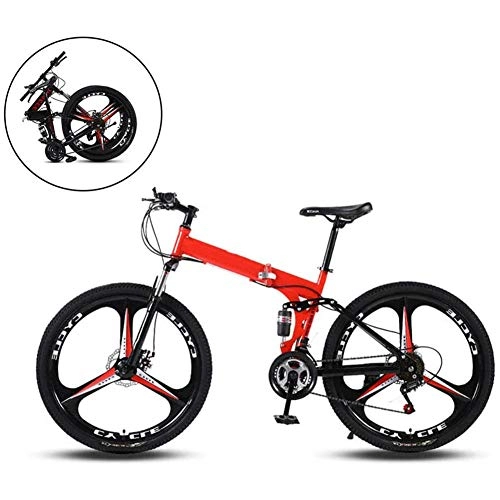 Folding Mountain Bike : XHJZ 26 Inch Mountain Bikes, Folding High Carbon Steel Frame Variable Speed Double Shock Absorption Three Cutter Wheels Foldable Bicycle, Suitable for People with A Height of 160-185Cm, Red, 24 speed