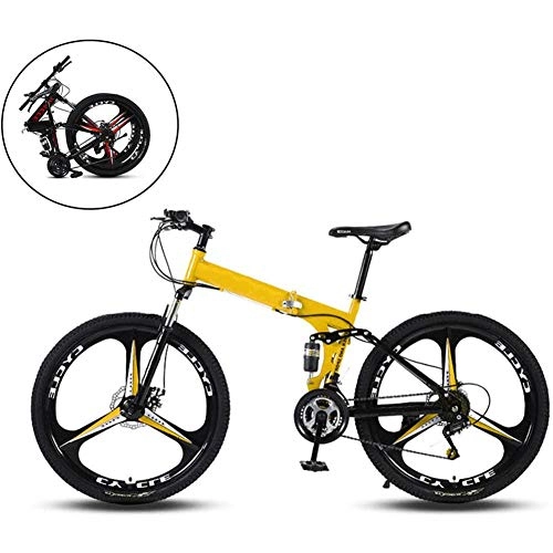 Folding Mountain Bike : XHJZ 26 Inch Mountain Bikes, Folding High Carbon Steel Frame Variable Speed Double Shock Absorption Three Cutter Wheels Foldable Bicycle, Suitable for People with A Height of 160-185Cm, Yellow, 24 speed