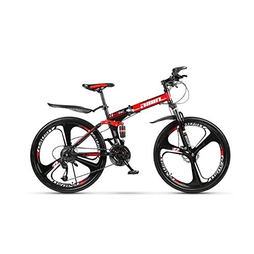 Folding Mountain Bike : XHJZ Mountain Bike Folding Bikes, 21 / 24 / 27 / 30-Speed Double Disc Brake Full Suspension Anti-Slip, Off-Road Variable Speed Racing Bikes for Men And Women, Red, 30 speed