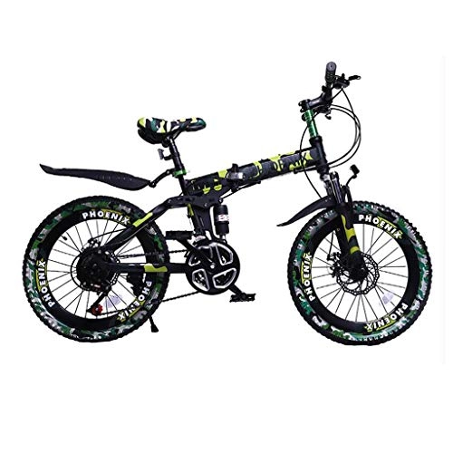 Folding Mountain Bike : Xiaoping Kids Bikes, Children's Bikes, Boy Speed Bikes 6-15 Years Old, Mountain Bikes, Camo Brown (Color : Green, Size : 20 inches)