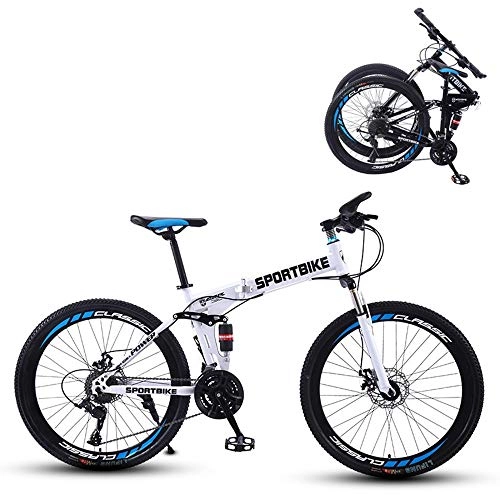 Folding Mountain Bike : YCHBOS 26 Inch Adult Full Suspension Folding Mountain Bike, 27-speed Variable Speed Outroad Bicycle with Double Disc Brake, Aluminum Alloy Frame, Lockable Fork, Sensitive ShiftWhite and Blue