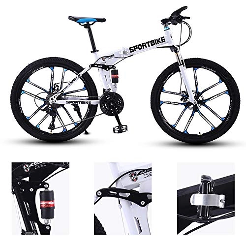 Folding Mountain Bike : YCHBOS 27 Speed Bicycle Full Suspension MTB Bikes, 26 Inch Folding Mountain Bike, City Bicycle with Dual Disc-brake and Lockable Fork for MenWhite and Blue