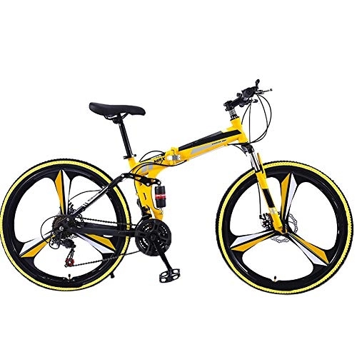 Folding Mountain Bike : YGTMV 26 Inch Carbon Steel Mountain Folding Bike, 21 Speed Bicycle Full Suspension MTB Front And Rear Disc Brakes Outdoor Bike, Yellow