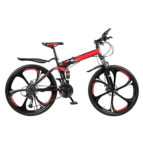 Folding Mountain Bike : YGTMV Adult Mountain Bike, 24 Inch High Carbon Steel Folding Outroad Bicycles, 21 / 24 / 27 / 30Speed Bicycle Full Suspension MTB ​ Gears Dual Disc Brakes Bicycle, Red, 21 speed