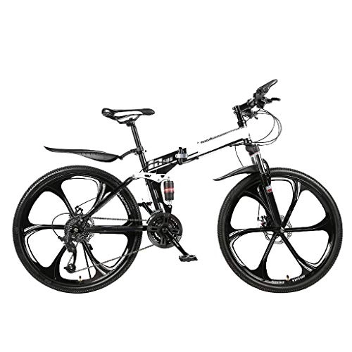Folding Mountain Bike : YGTMV Adult Mountain Bike, 24 Inch High Carbon Steel Folding Outroad Bicycles, 21 / 24 / 27 / 30Speed Bicycle Full Suspension MTB ​ Gears Dual Disc Brakes Bicycle, White, 27 speed