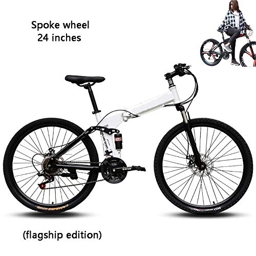 Folding Mountain Bike : YGWL Folding Bicycle, MTB Bicycle 21 Speed Steel Frame Dual Disc Brake Folding Bike Environmental Suitable for Outdoor Riding Daily Use, White, 24inches