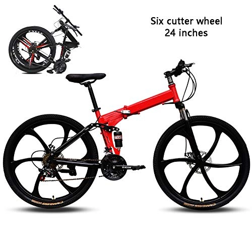 Folding Mountain Bike : YGWL Folding Bike, Mountain Bicycle Double Disc Brake High Carbon Steel Frame Variable Speed Double Shock Absorption Six Cutter Wheels Suitable for Adult, Red, 24inches