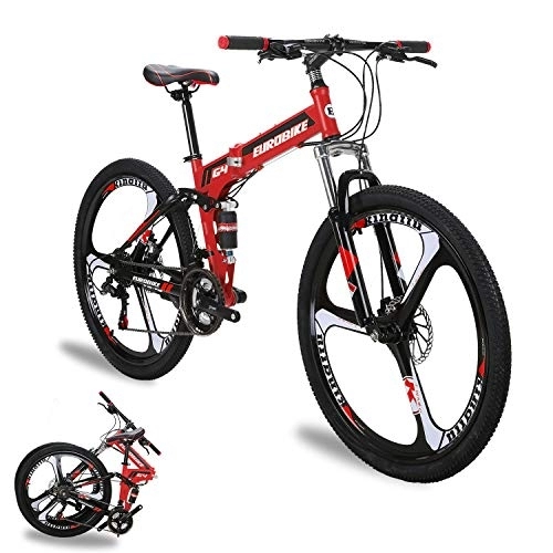 Folding Mountain Bike : YH-G4 Folding Mountain Bike for Adults 26 Inch Wheels 21 Speed Full Suspension Dual Disc Brakes Foldable Frame Bicycle (3-Spoke Red)
