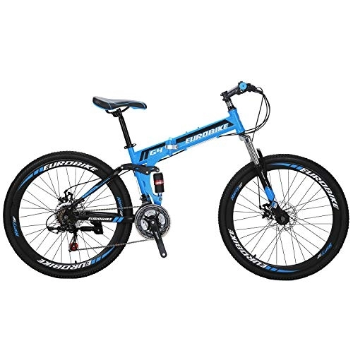 Folding Mountain Bike : YH-G4 Folding Mountain Bike for Adults 26 Inch Wheels 21 Speed Full Suspension Dual Disc Brakes Foldable Frame Bicycle (Blue)