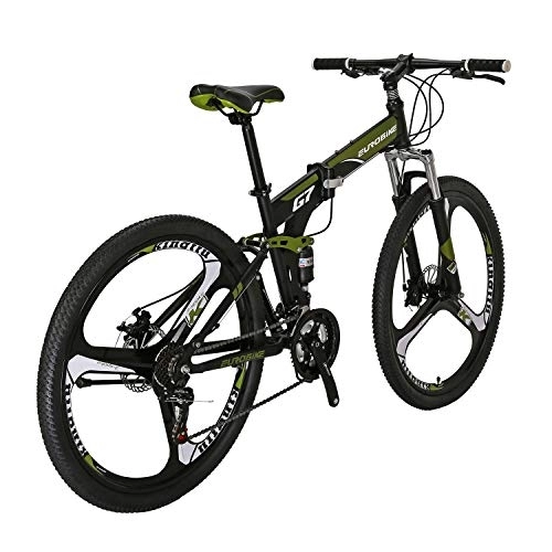 Folding Mountain Bike : YH-G7 Folding Mountain Bike 27.5 Inch Wheels 21 Speed Full Suspension Dual Disc Brakes Foldable Frame Bicycle for Mens (3-Spoke Green)
