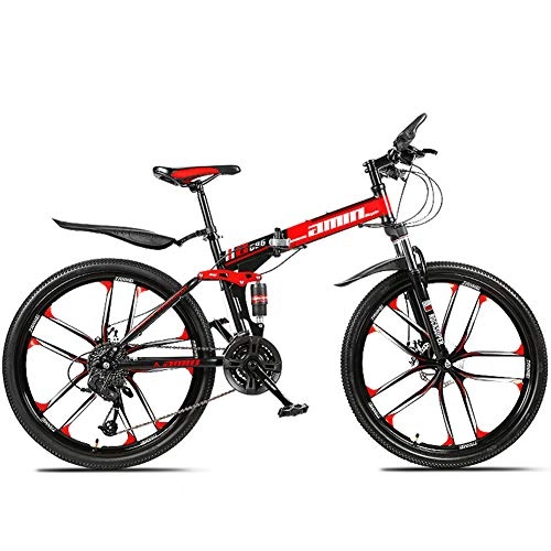 Folding Mountain Bike : YIWOZA mountain bike 26 inch folding bikes for adults, (10cutter wheels), BLACKRED, 21 SPEED