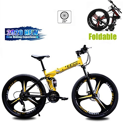 Folding Mountain Bike : YMhome 26 inch Adult Mountain Bikes, Folding Carbon Mountain Trail Bike High Carbon Steel Full Suspension Frame Bicycles, 21 Speed Dual Disc Brakes Bicycle, Yellow