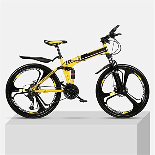 Folding Mountain Bike : Youth And Adult Mountain Folding Mountain Bike, Outroad Mountain Bike, Aluminum And Steel Frame, 21 Speeds 24 Inch, Full Suspension MTB Bikes, Double Disc Brake Bicycles (Color : Yellow)