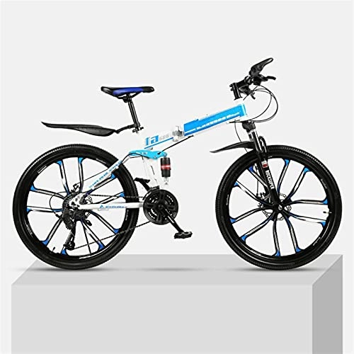Folding Mountain Bike : Youth And Adult Mountain Folding Mountain Bike, Outroad Mountain Bike, Aluminum And Steel Frame, 21 Speeds 26 Inch, Full Suspension MTB Bikes, Double Disc Brake Bicycles (Color : Blue)