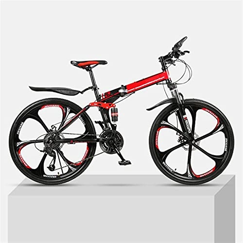 Folding Mountain Bike : Youth And Adult Mountain Folding Mountain Bike, Outroad Mountain Bike, Aluminum And Steel Frame, 21 Speeds 26 Inch, Full Suspension MTB Bikes, Double Disc Brake Bicycles (Color : Red)