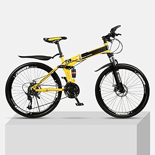 Folding Mountain Bike : Youth And Adult Mountain Folding Mountain Bike, Outroad Mountain Bike, Aluminum And Steel Frame, 24 Speeds 24 Inch, Full Suspension MTB Bikes, Double Disc Brake Bicycles (Color : Yellow)