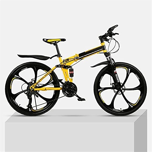 Folding Mountain Bike : Youth And Adult Mountain Folding Mountain Bike, Outroad Mountain Bike, Aluminum And Steel Frame, 24 Speeds 26 Inch, Full Suspension MTB Bikes, Double Disc Brake Bicycles (Color : Yellow)