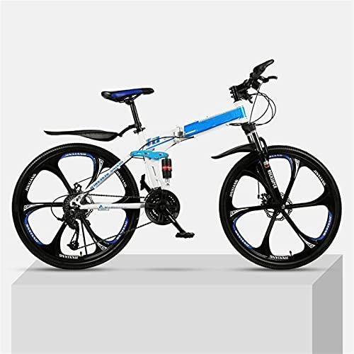 Folding Mountain Bike : Youth And Adult Mountain Folding Mountain Bike, Outroad Mountain Bike, Aluminum And Steel Frame, 27 Speeds 26 Inch, Full Suspension MTB Bikes, Double Disc Brake Bicycles (Color : Blue)