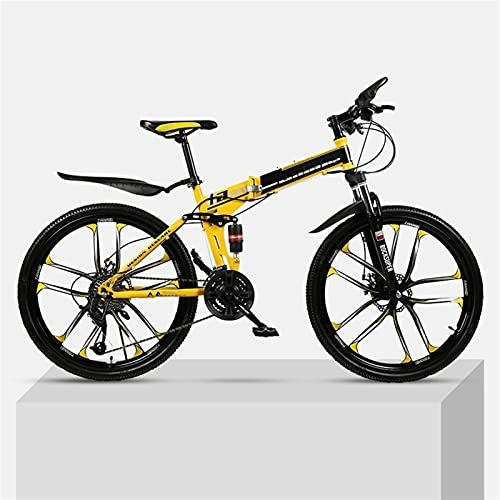 Folding Mountain Bike : Youth And Adult Mountain Folding Mountain Bike, Outroad Mountain Bike, Aluminum And Steel Frame, 30 Speeds 24 Inch, Full Suspension MTB Bikes, Double Disc Brake Bicycles (Color : Yellow)