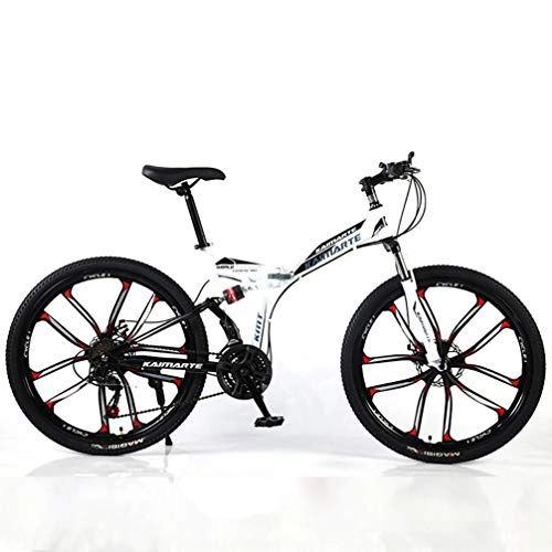 Folding Mountain Bike : YUKM Ten-Spoke Wheel Three-Speed Conversion Mountain Bike, Foldable Portable Cross-Country Bike, Five Colors, Suitable for Men And Women, White, 26 inch 21 speed